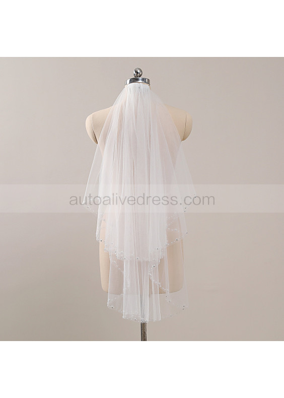 Ivory Beaded Edge Tulle Wedding Veil Two-tier Fingertip Veil